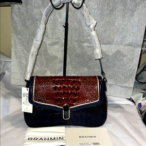 Brahmin Nerida Navy Vesper croc shoulder bag NEW